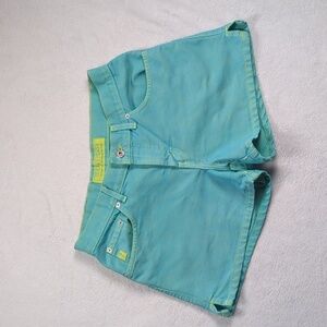 Vintage 90s Guess Silver Patch High-Waisted Shorts Turquoise Size 30